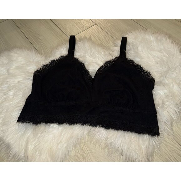 aerie Other - Aerie Ribbed Eyelash Lace Trim Longline Bralette Bra Cotton XXL 2XL Black New